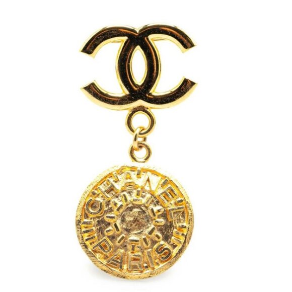 CHANEL CC Logos PARIS Round Brooch Gold Tone Pin 95A Auth w/Box #9174 - Picture 1 of 6